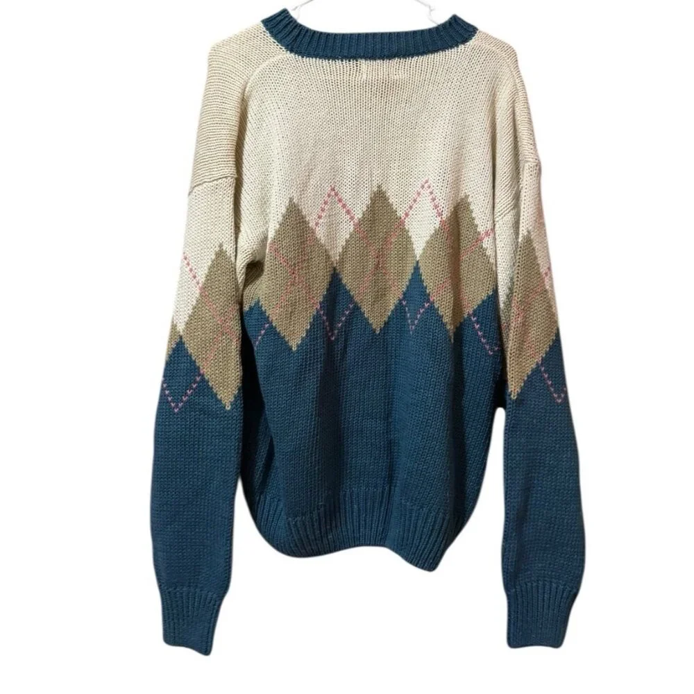 Cape‎ Isle Knitters Ski Argyle Diamond Sweater Size Large Cotton Blend Vintage